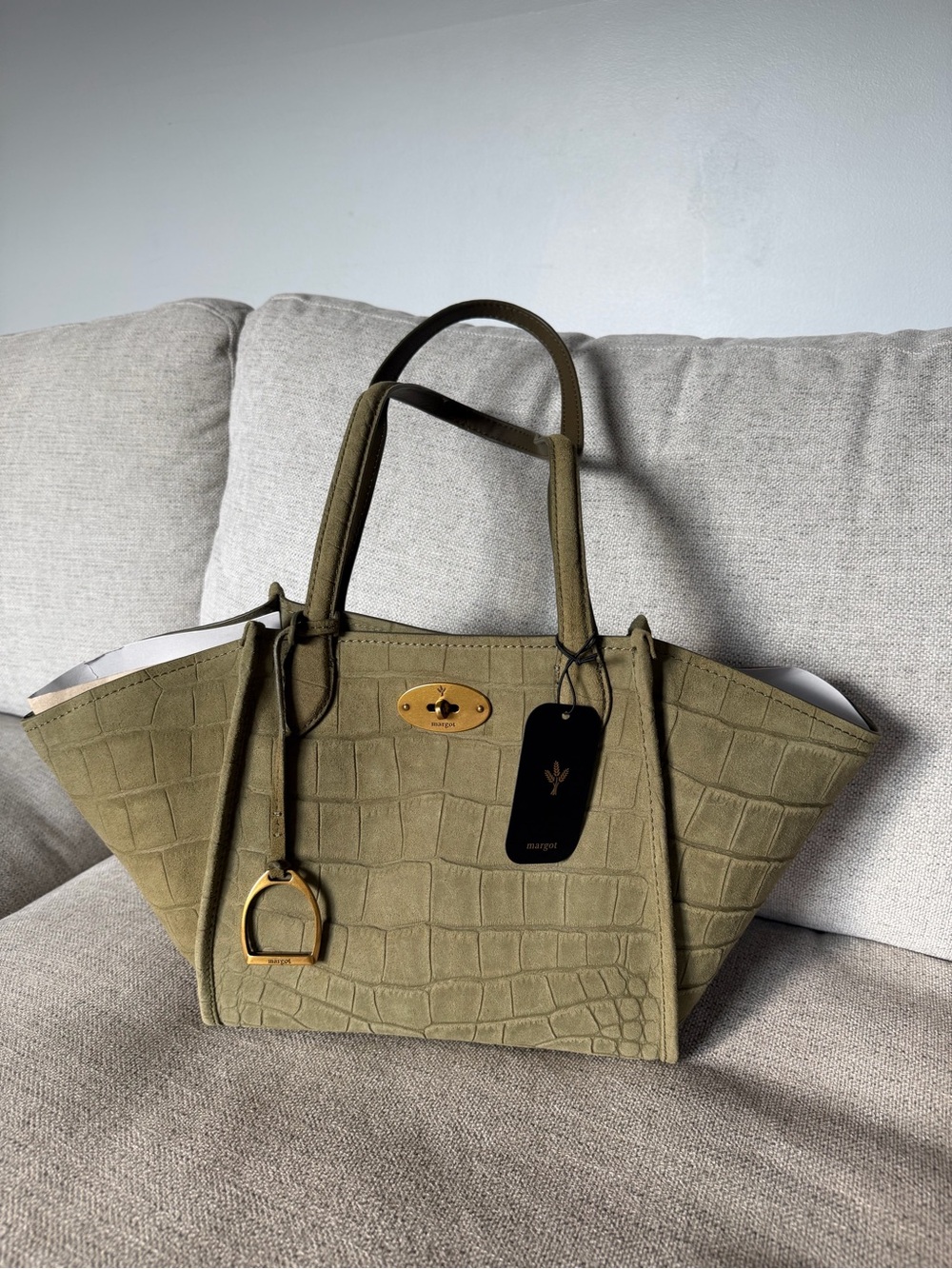 Olive Green Croc-Embossed Tote Bag with Gold Hardware